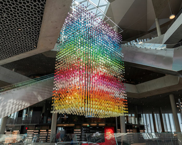emmanuelle moureaux's latest installation '100 colors no. 37' hovers in oslo public library