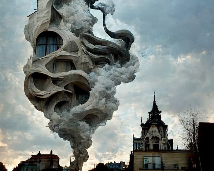art nouveau facades disintegrate amid fantastical clouds of smoke in hassan ragab's AI series